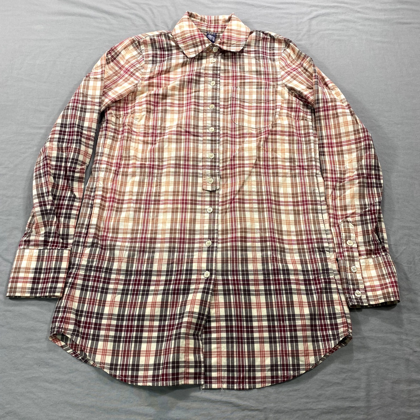 Free People Shirt Womens Size 2 Red White Plaid Ombre Tunic Button Up Blouse